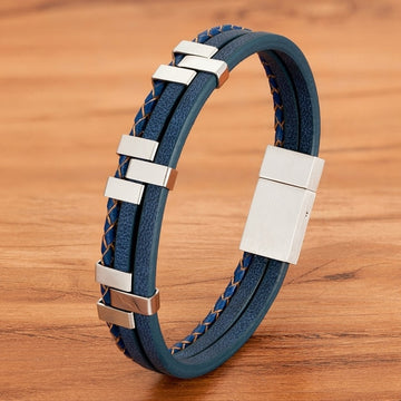 Black Brown Blue Color Three-Layer Stitching Accessories Stainless Steel Men's Leather Bracelet Advanced Design Style Gift daiiibabyyy